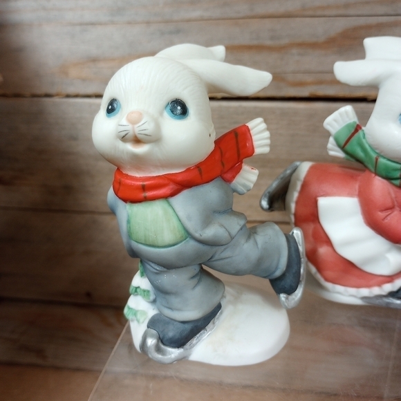 Pair of Skating Bunnies Christmas Figurines Homco Home Interior Holiday Decor - Picture 3 of 7